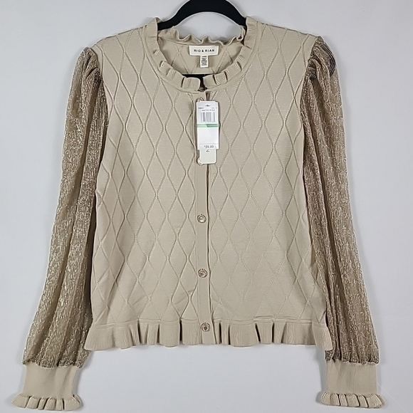 NEW Rio & Rian Scoop Neck Long Sleeve Gold Mesh Lutex Button Up Cardigan Sz L - Picture 1 of 7